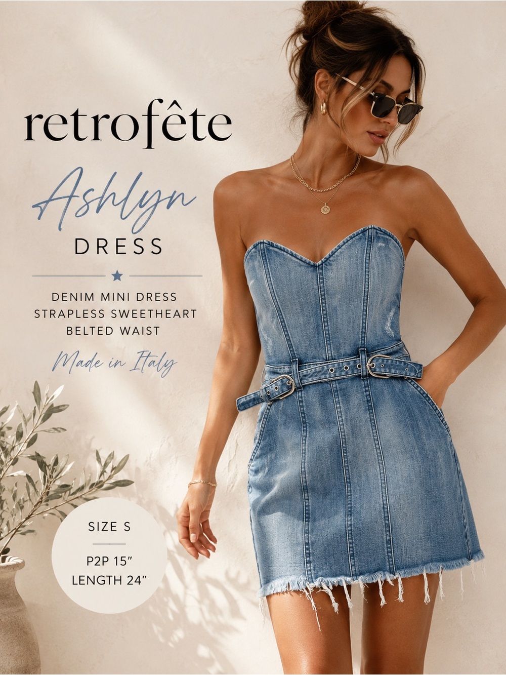 Retrofête Ashlyn Denim Bustier Mini Dress Belted Strapless Sweetheart Size S